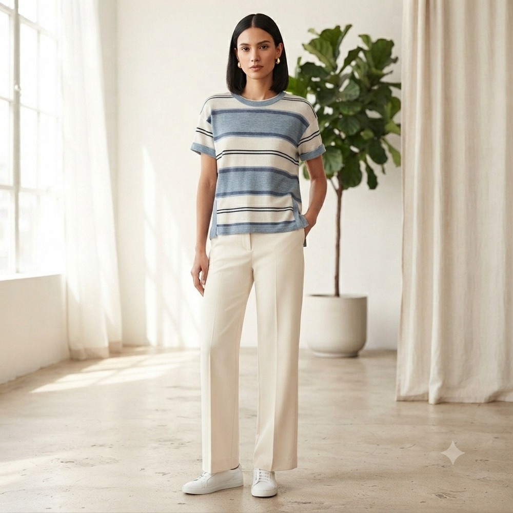 Autumn Cashmere Striped Short Sleeve Cashmere Sweater Top‎ Blue/White XS